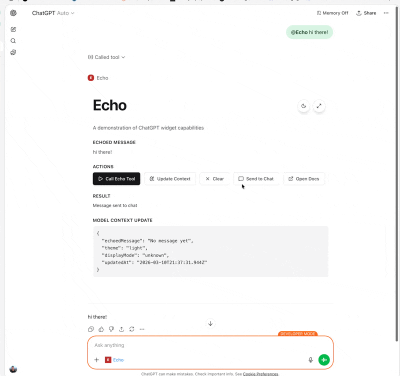 The echo tool rendered as an interactive widget inside ChatGPT