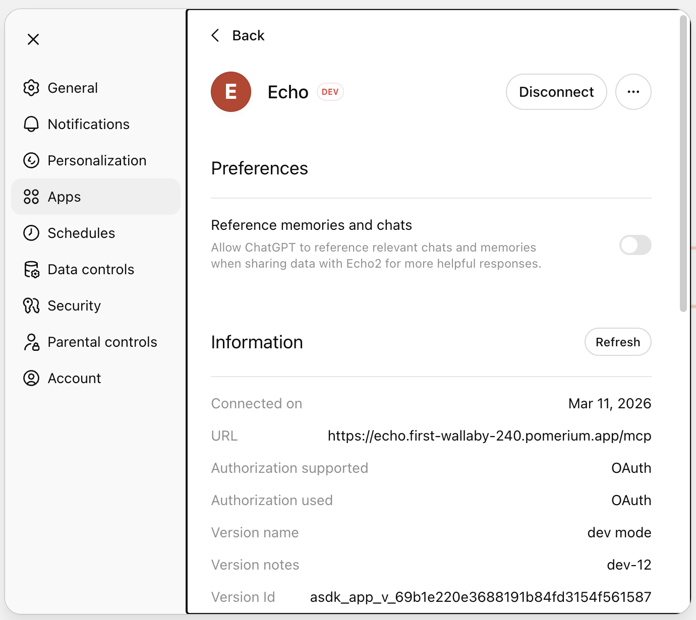 ChatGPT app settings showing the Refresh button under the Information section