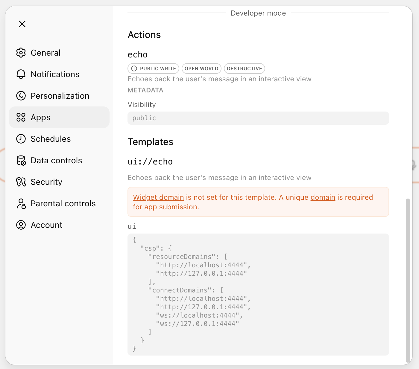 ChatGPT developer mode showing registered actions and widget templates