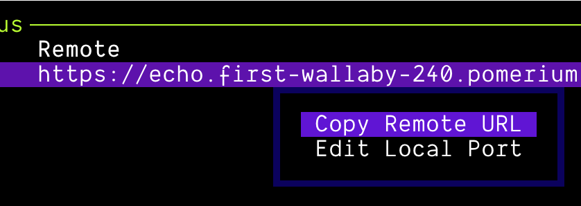 Right-click menu in pom.run TUI showing Copy Remote URL option